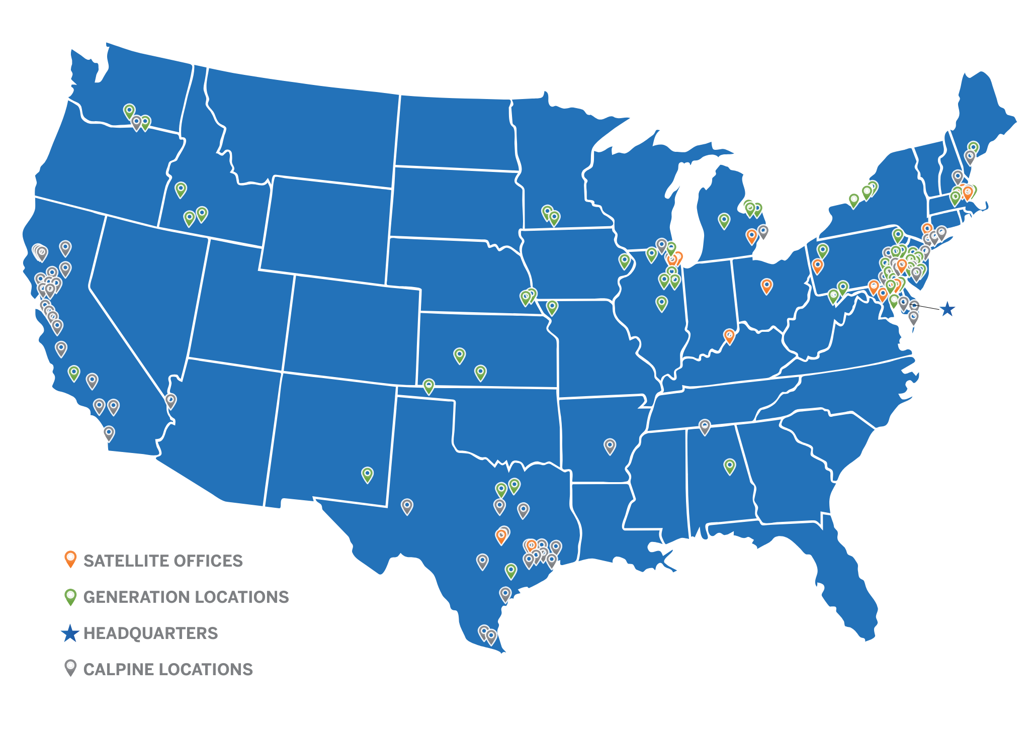 Map image, showing the stats Headquarters in Baltimore, Maryland 146 Generation Facilities including Nuclear and Power 29 Satellite Offices Nation’s largest producer of reliable and clean energy with a coast-to-coast presence