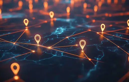 Map with glowing location pins and connecting lines