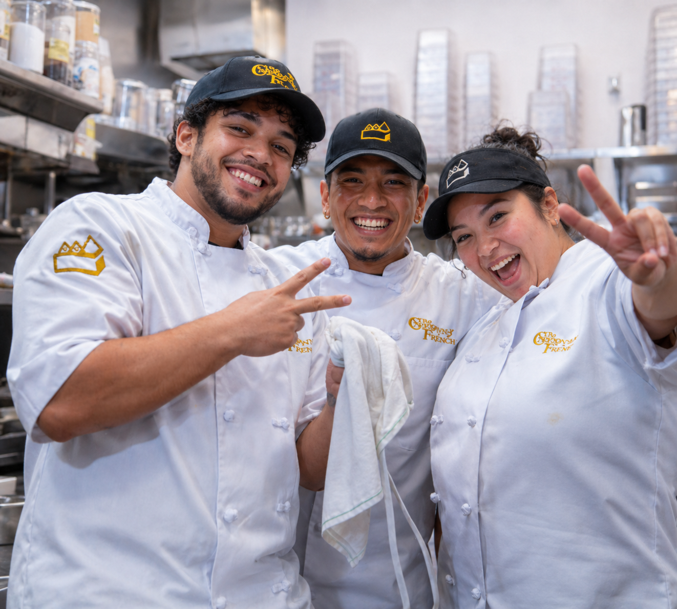 Smiling female prep cook, two male prep cooks and male busser smiling in the prep kitchen excited to be together.