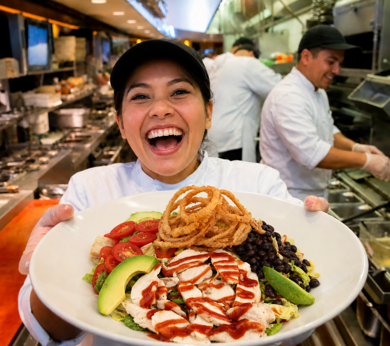 Smiling female line cook proudly showing off a dish she made in the kitchen.
